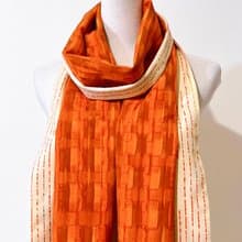 純手作橘色絲質水彩手繪感拼接羊毛幾何線條圓點點撞色圍巾披肩