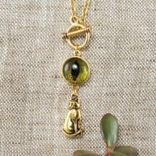 Olive Green Glass Cat Eye Evil Eye Gold Cat Kitten Protection Necklace Jewelry
