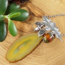 Yellow Agate Slice Slab Silver Oak Leaf Acorn Pine Cone Forest Necklace Jewelry