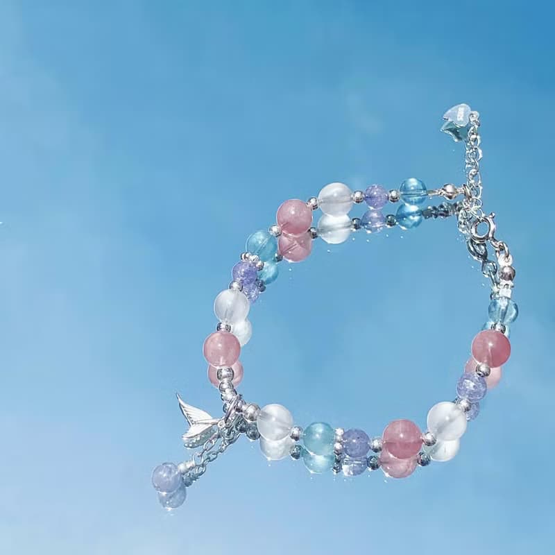 坦桑石 粉晶 海藍寶 月光石 人魚尾 925純銀 天然水晶手鍊