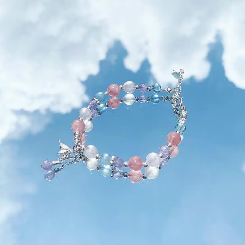 坦桑石 粉晶 海藍寶 月光石 人魚尾 925純銀 天然水晶手鍊