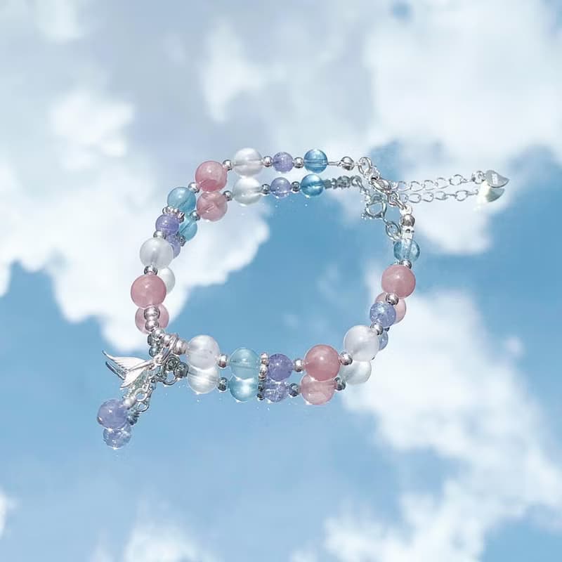 坦桑石 粉晶 海藍寶 月光石 人魚尾 925純銀 天然水晶手鍊