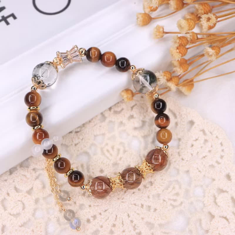 財運開拓手鍊/銅髮晶×綠幽靈×黃虎眼×白水晶跑環×月光石