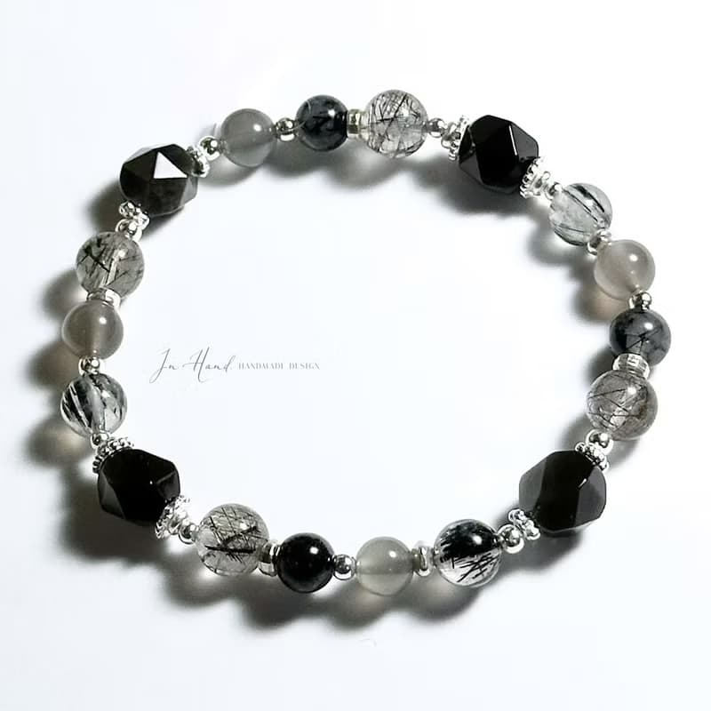 墨夜與曠野-黑曜岩.黑髮晶.純銀設計款手鍊