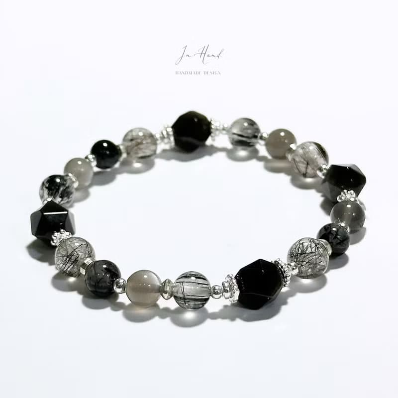 墨夜與曠野-黑曜岩.黑髮晶.純銀設計款手鍊