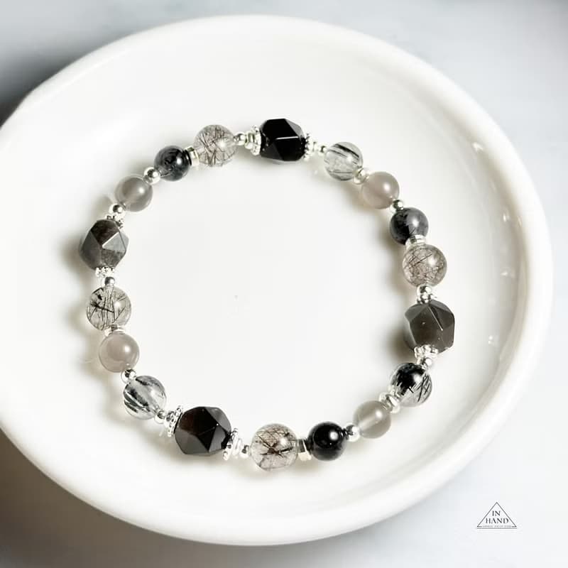 墨夜與曠野-黑曜岩.黑髮晶.純銀設計款手鍊