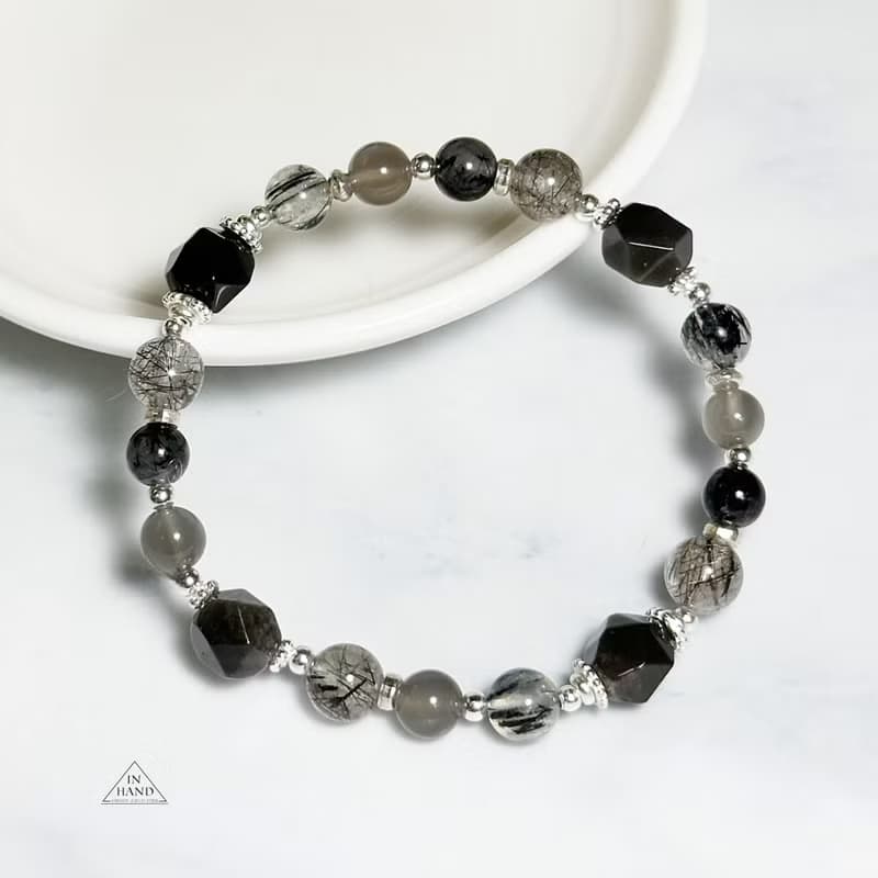 墨夜與曠野-黑曜岩.黑髮晶.純銀設計款手鍊