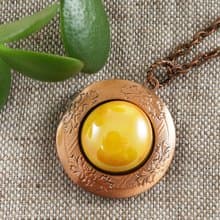 Yellow Glass Copper Round Photo Locket Keepsake Pendant Necklace Woman Jewelry