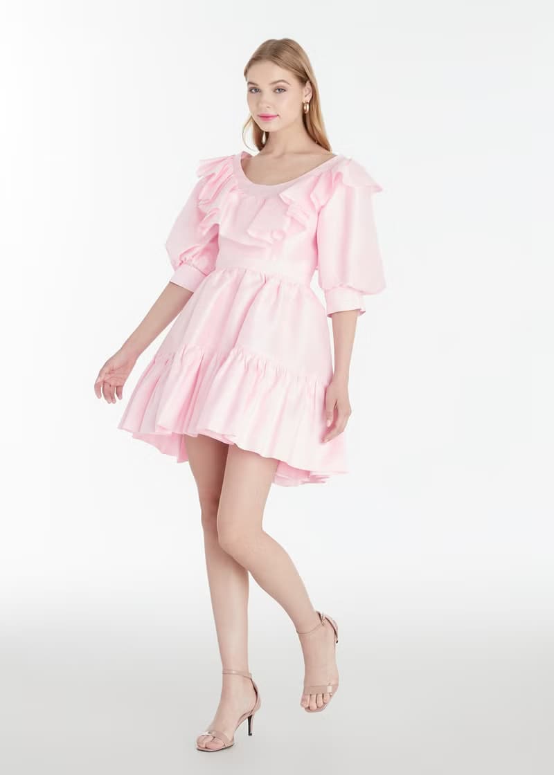 Lisa pink ruffles natural Thai silk dress for women