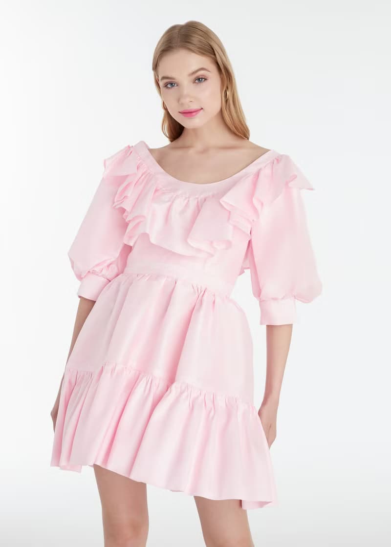 Lisa pink ruffles natural Thai silk dress for women