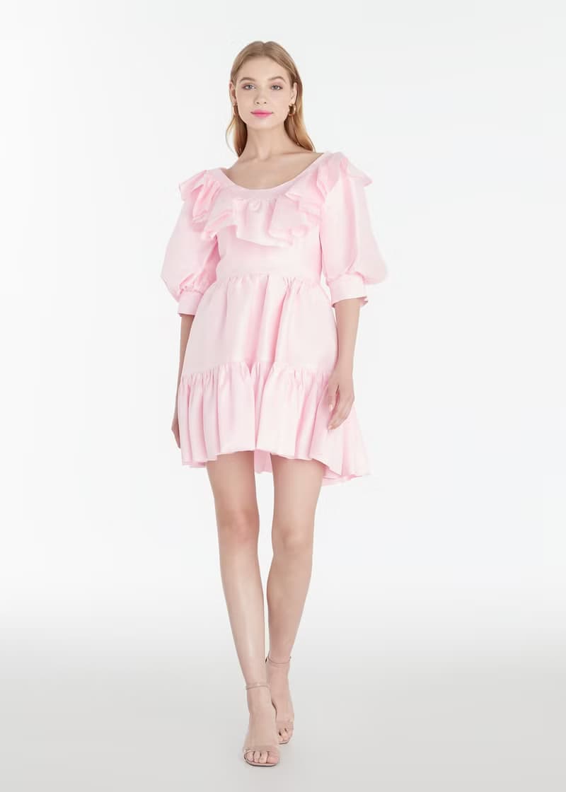 Lisa pink ruffles natural Thai silk dress for women