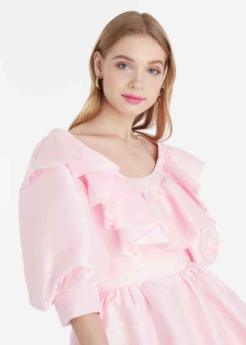 Lisa pink ruffles natural Thai silk dress for women