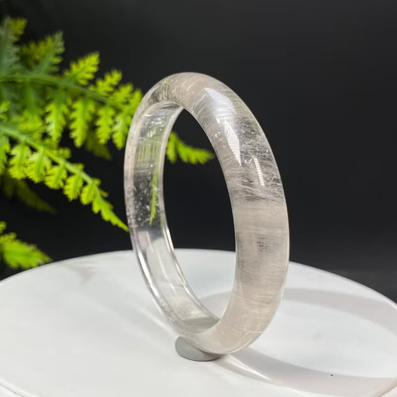 超稀有玻璃體白色兔毛水晶手鐲61+MM 閃片星光全順髮晶手環 活力