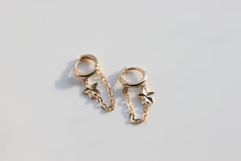 純14K Star Chain Earring 星星墜鍊耳扣耳環 (單個)