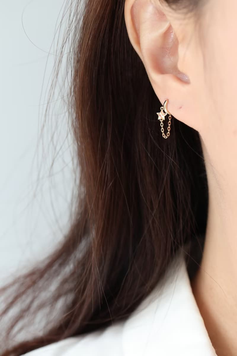 純14K Star Chain Earring 星星墜鍊耳扣耳環 (單個)