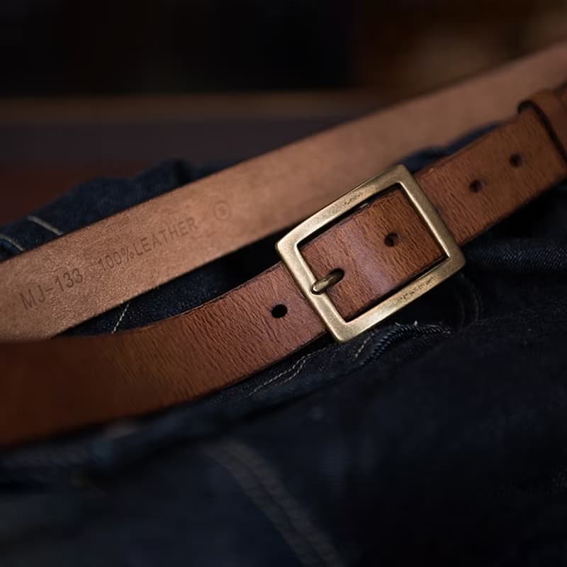 美式復古銅扣牛皮帶 真皮腰帶 窄版男士褲帶【免費刻英文名】禮物