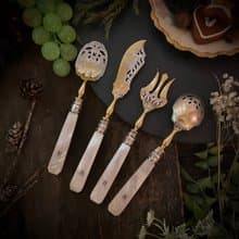 罕見法國訂製款珍珠母貝柄 銅鍍金鍍銀使用面 雙色變型餐4件組