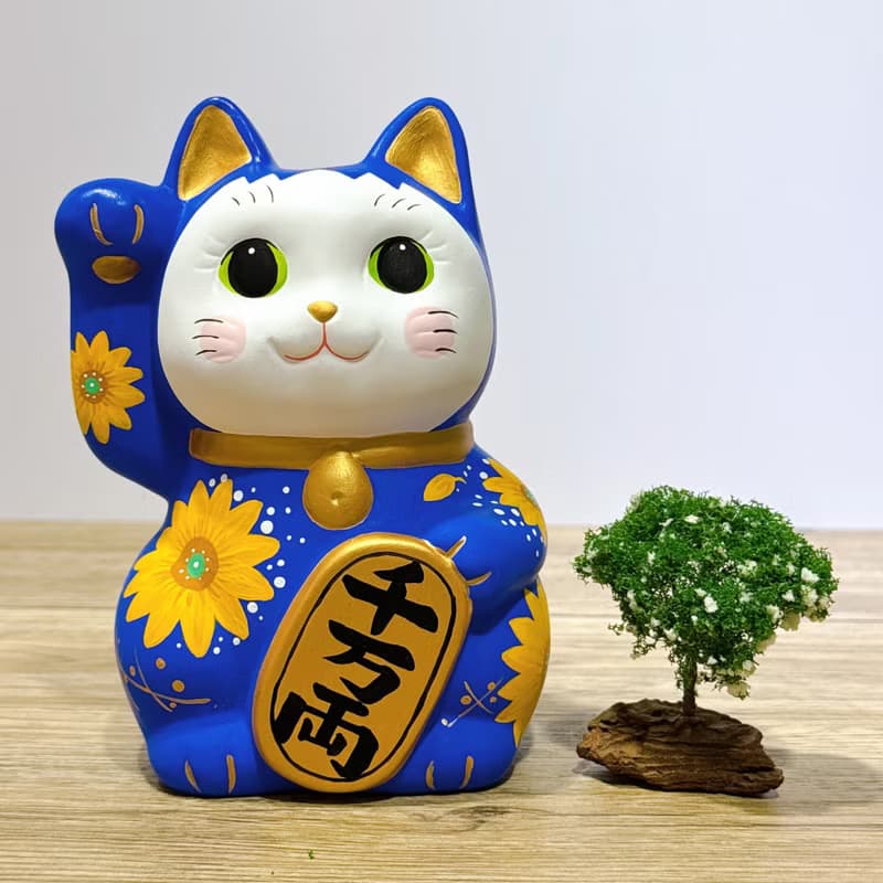 【金手招財】日本谷中堂招財貓 | 青地 黃花