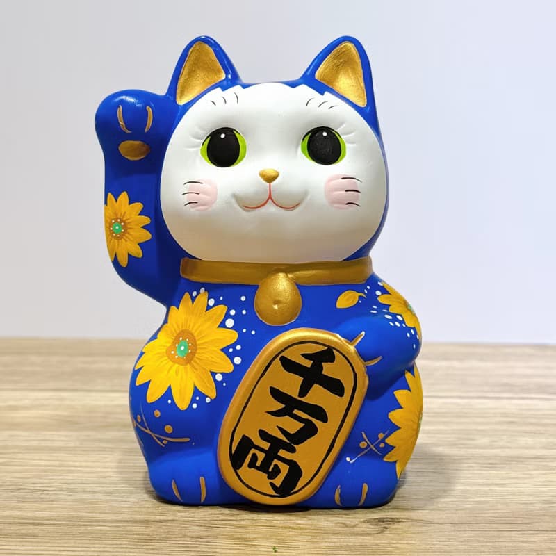 【金手招財】日本谷中堂招財貓 | 青地 黃花