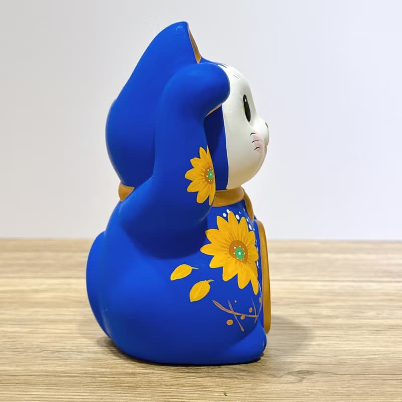 【金手招財】日本谷中堂招財貓 | 青地 黃花