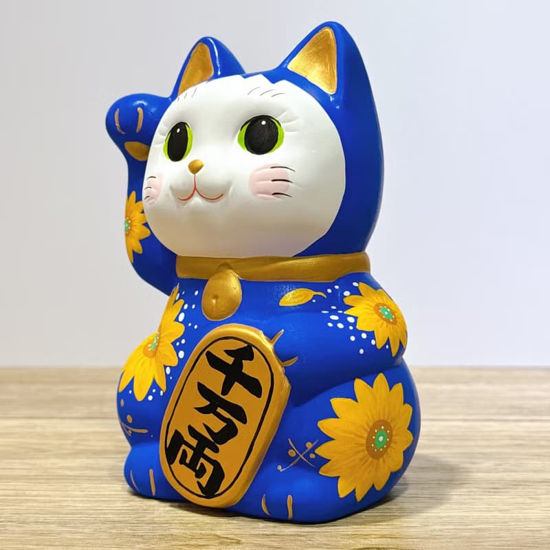 【金手招財】日本谷中堂招財貓 | 青地 黃花