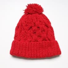 正紅鮮紅毛球翻邊純羊毛線手工編織半襯防風毛帽|交換禮物|聖誕節