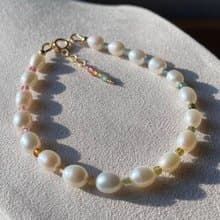 天然珍珠 彩虹碧璽 || 小方塊 美國 14KGF手鍊 手鏈 可改頸鏈