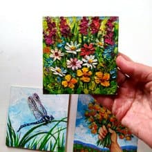Flowers Painting Bouquet Daisy Dragonfly Oil 10 by 10 Set of 3 Small Art