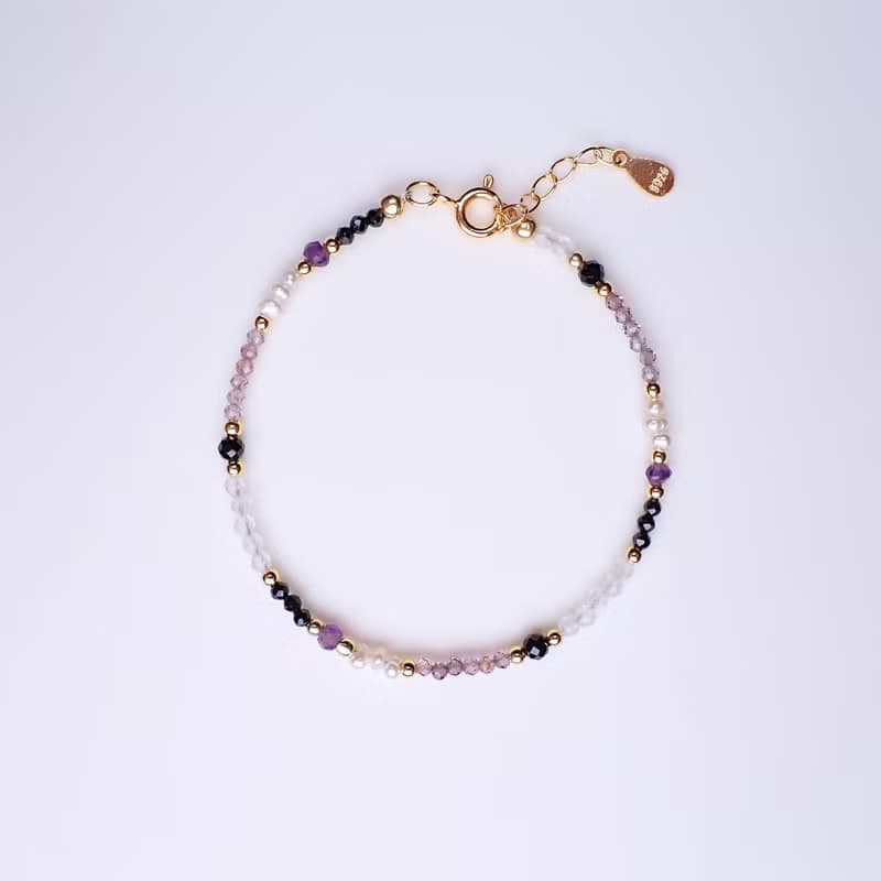 琉光~紫水晶_尖晶石_珍珠_白水晶純銀包18K金手鍊