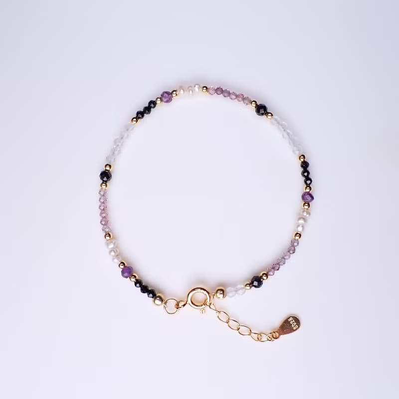 琉光~紫水晶_尖晶石_珍珠_白水晶純銀包18K金手鍊