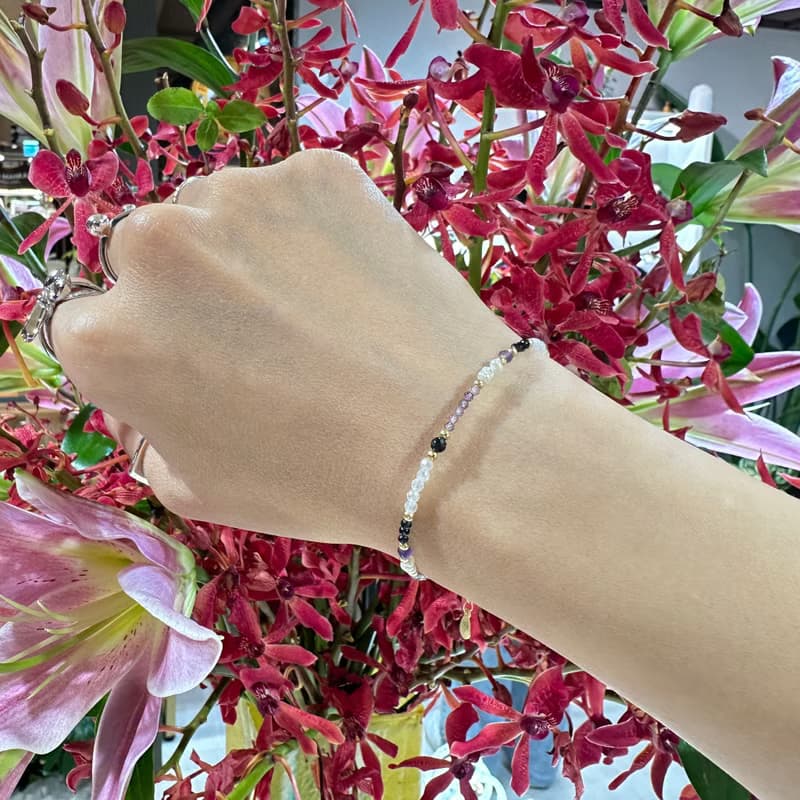 琉光~紫水晶_尖晶石_珍珠_白水晶純銀包18K金手鍊