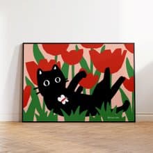 Art print Cat in the Tulip Fields  Illustration poster A3,A2