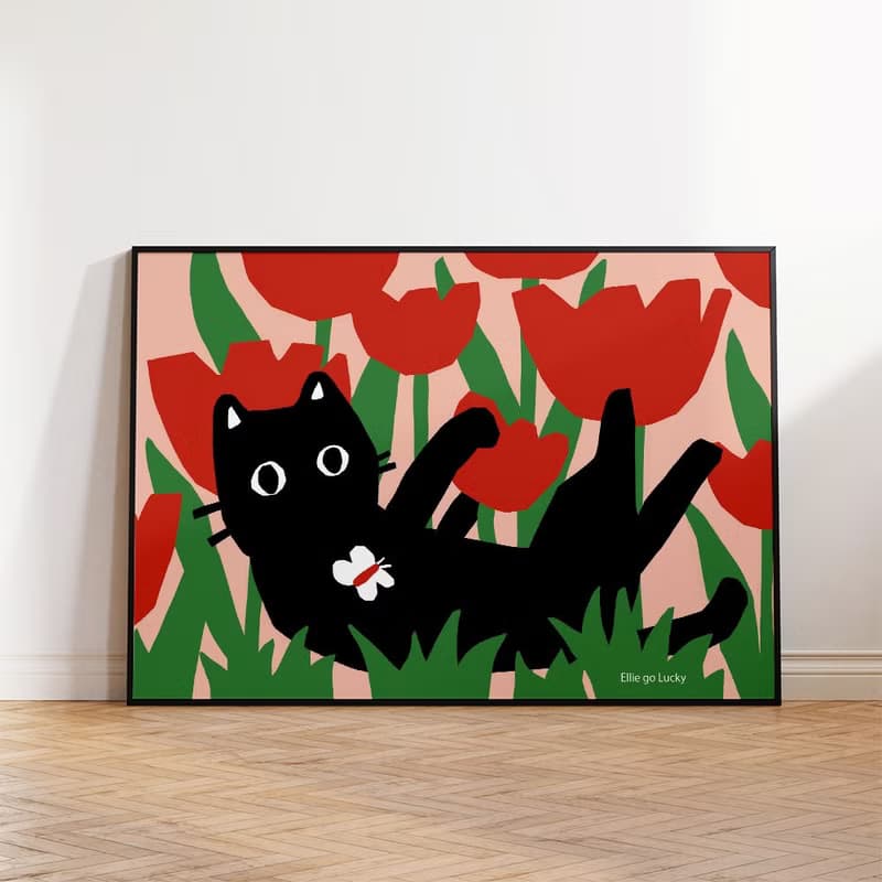 Art print Cat in the Tulip Fields  Illustration poster A3,A2