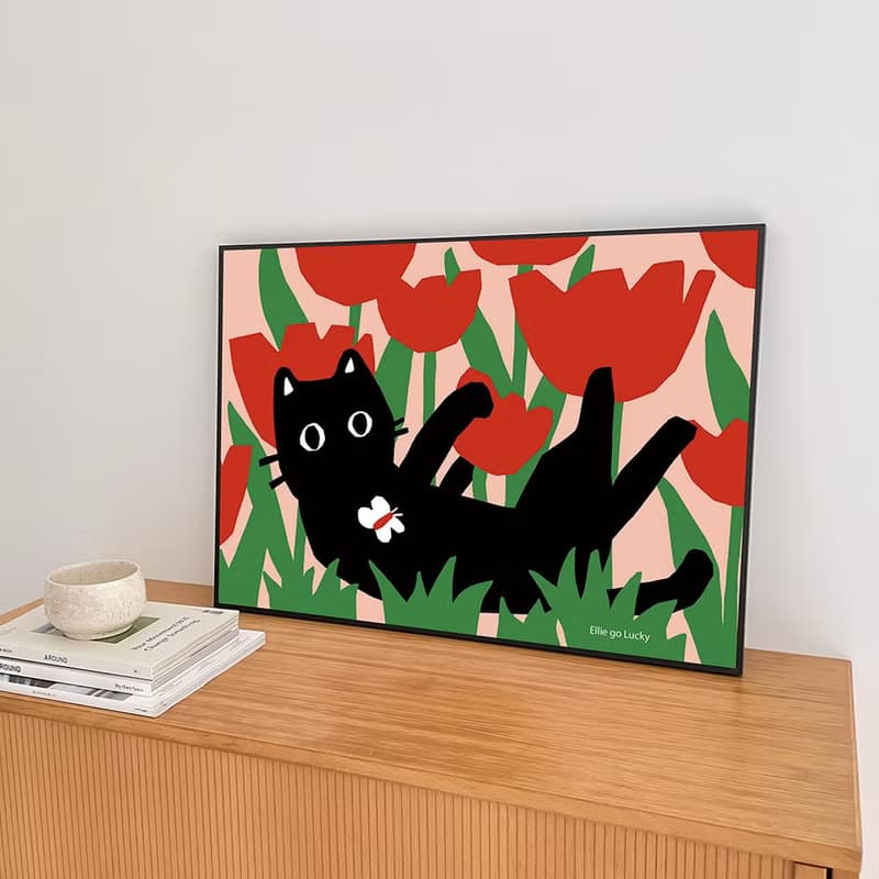 Art print Cat in the Tulip Fields  Illustration poster A3,A2