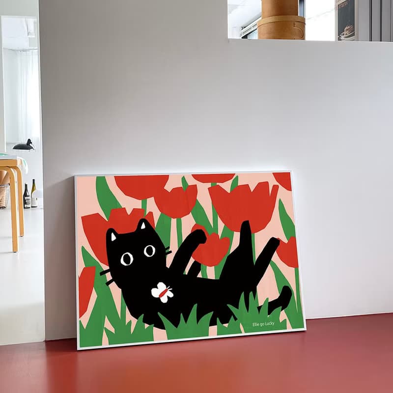 Art print Cat in the Tulip Fields  Illustration poster A3,A2
