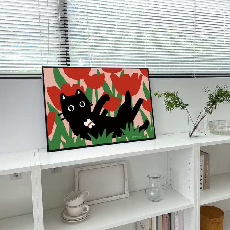 Art print Cat in the Tulip Fields  Illustration poster A3,A2