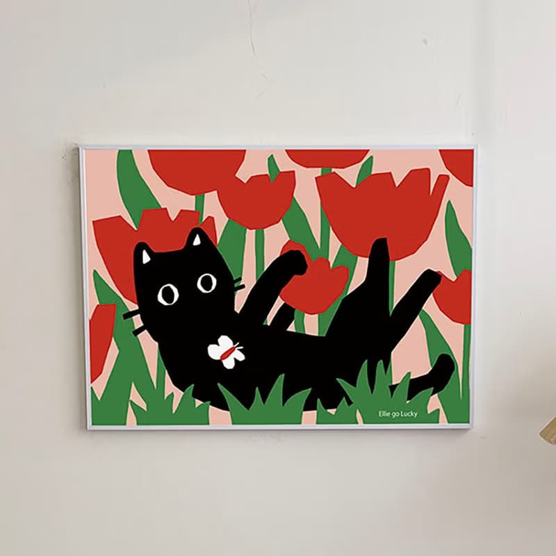 Art print Cat in the Tulip Fields  Illustration poster A3,A2