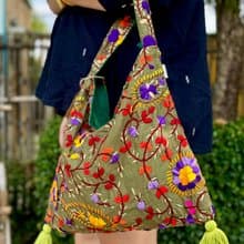 手工刺繡 軍綠色 花卉 肩背包 單肩包 側肩包 側背包