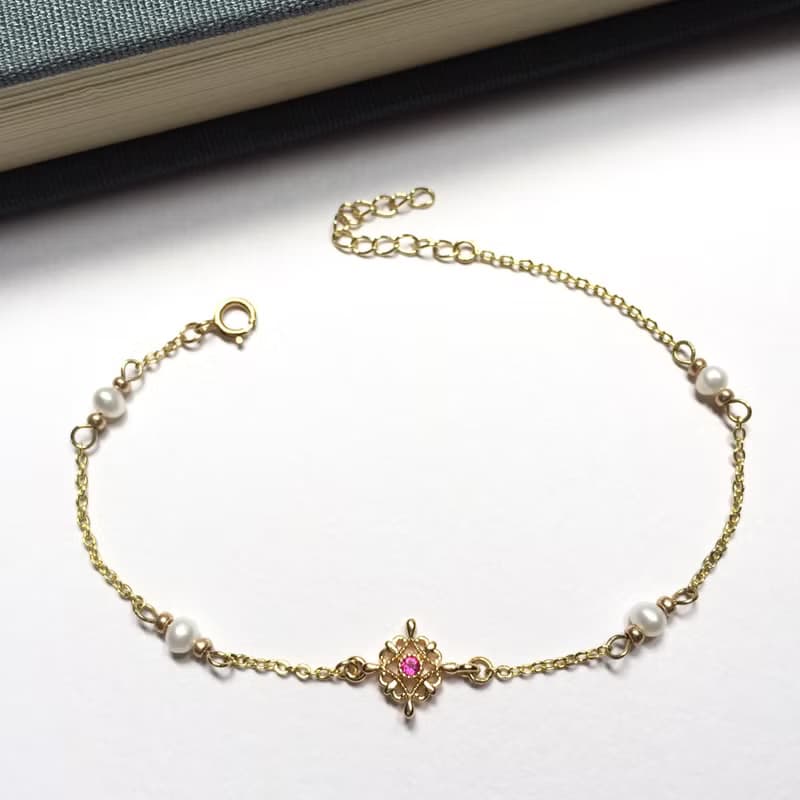 14K包金 粉紅鋯石蕾絲天然珍珠手鍊 手環 項鍊 鎖骨鏈14KGF