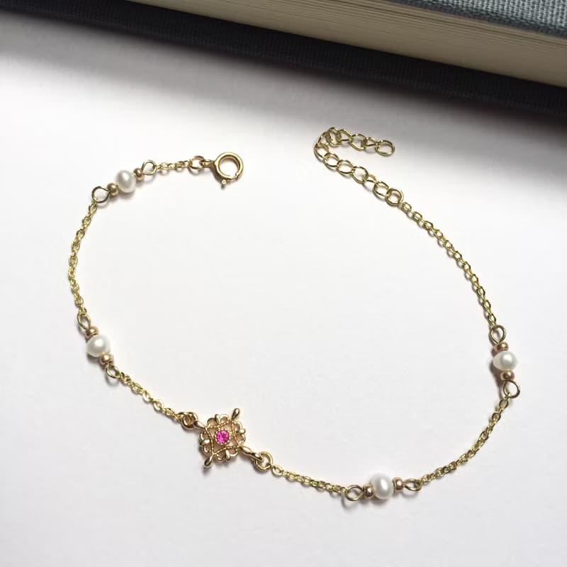 14K包金 粉紅鋯石蕾絲天然珍珠手鍊 手環 項鍊 鎖骨鏈14KGF