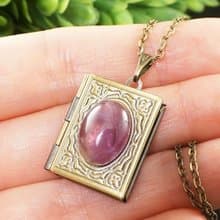Amethyst Book Photo Locket Purple Violet Lilac Keepsake Pendant Necklace Jewelry
