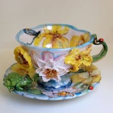 藝術茶具 瓷茶杯碟 青蛙公仔 睡蓮 蜻蜓