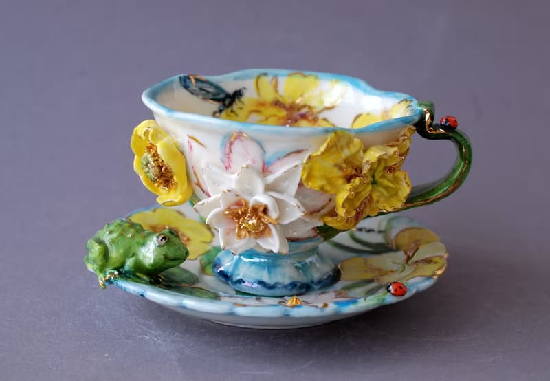 藝術茶具 瓷茶杯碟 青蛙公仔 睡蓮 蜻蜓