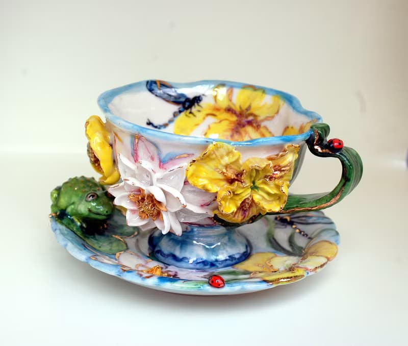 藝術茶具 瓷茶杯碟 青蛙公仔 睡蓮 蜻蜓