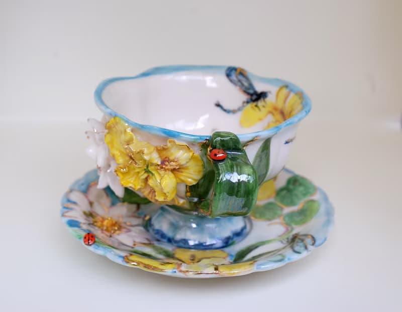 藝術茶具 瓷茶杯碟 青蛙公仔 睡蓮 蜻蜓