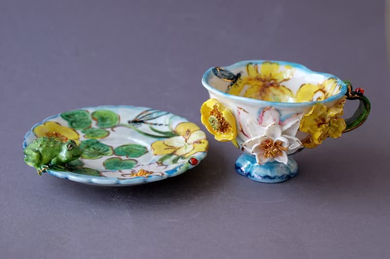 藝術茶具 瓷茶杯碟 青蛙公仔 睡蓮 蜻蜓