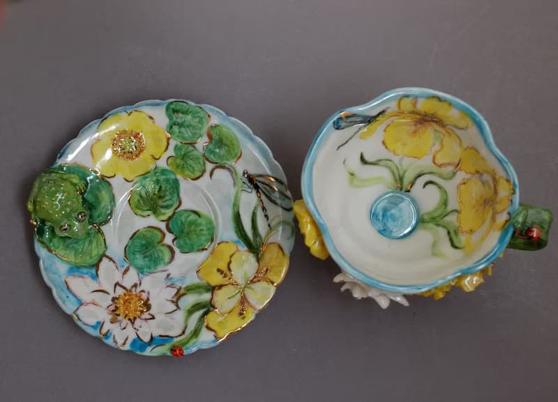 藝術茶具 瓷茶杯碟 青蛙公仔 睡蓮 蜻蜓