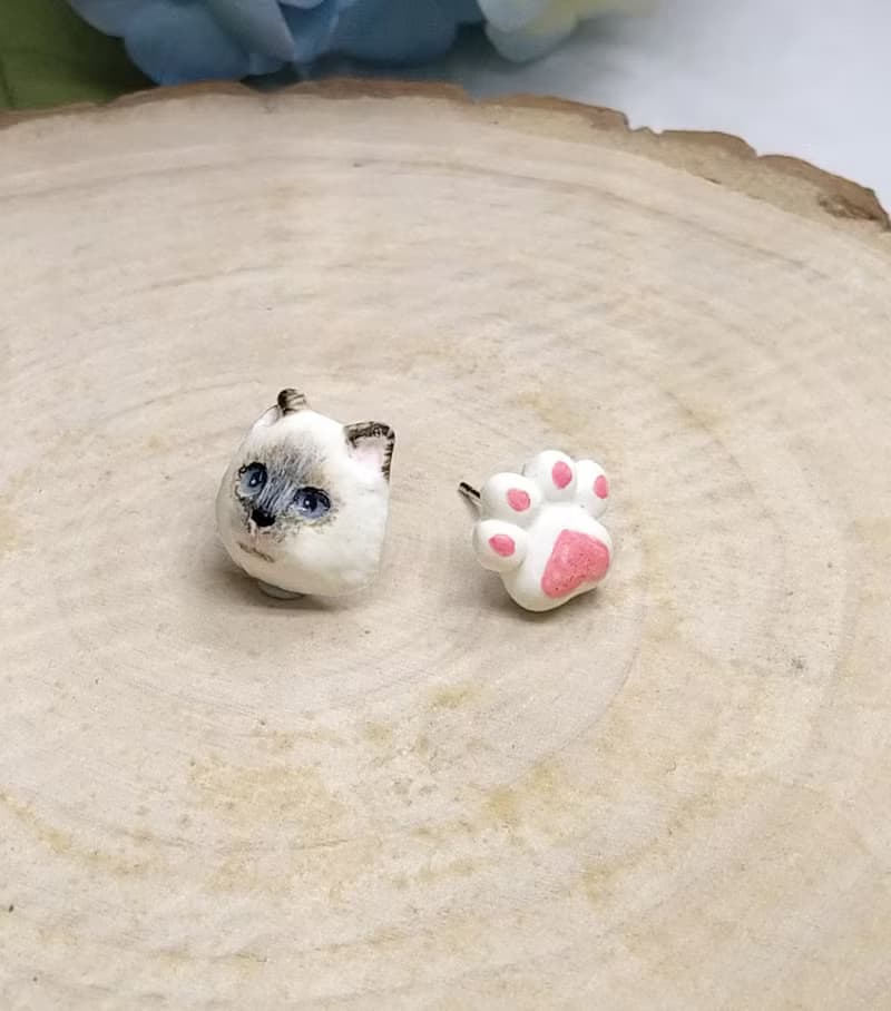 全手作 暹羅貓 +手掌耳環 防敏感耳針 耳釘/耳夾