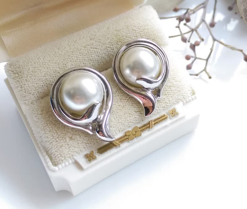 Vintage Jewelry 西洋古董飾品 銀色調 優雅仿珠 針式耳環