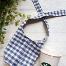 格紋綁帶刺繡/隨行飲料杯袋 /提袋/飲料提袋/杯袋